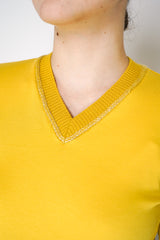 Fabiana Filippi Long Sleeve Jersey Top with Knitted V-Neckline in Yellow Vancouver. Shop Online or in Store.