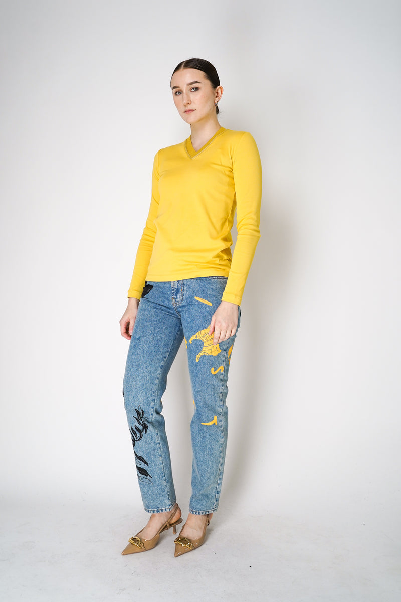 Fabiana Filippi Long Sleeve Jersey Top with Knitted V-Neckline in Yellow Vancouver. Shop Online or in Store.