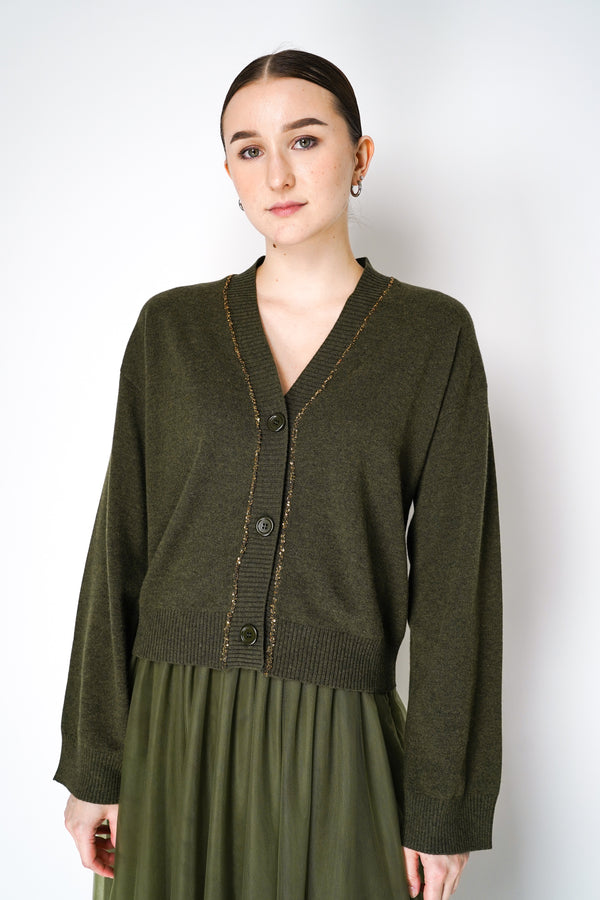 Fabiana Filippi Cashmere Blend Knitted Cardigan with Sequined Neckline in Loden Green