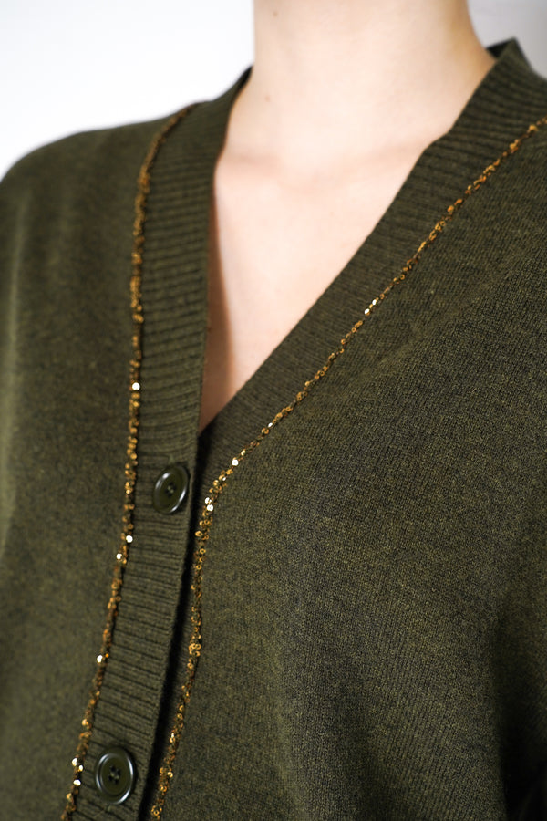 Fabiana Filippi Cashmere Blend Knitted Cardigan with Sequined Neckline in Loden Green