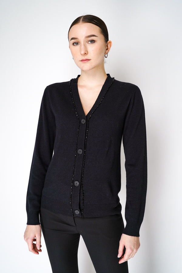 Fabiana Filippi Cashmere Blend Knitted Cardigan with Beaded Neckline in Black