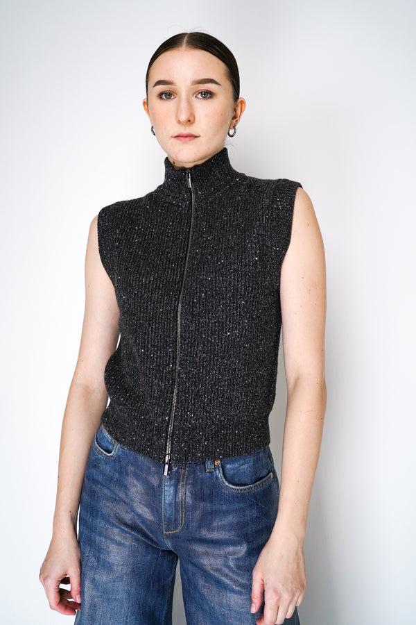 Peserico Knitted Cashmere Blend Vest with Sequin Details in Charcoal