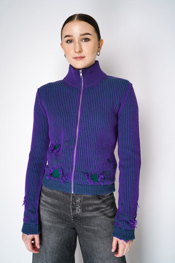 MM6 Knitted Rib Wool Cardigan in Green and Purple Melange