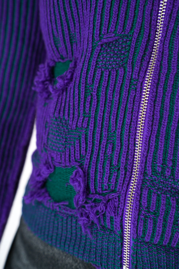 MM6 Knitted Rib Wool Cardigan in Green and Purple Melange