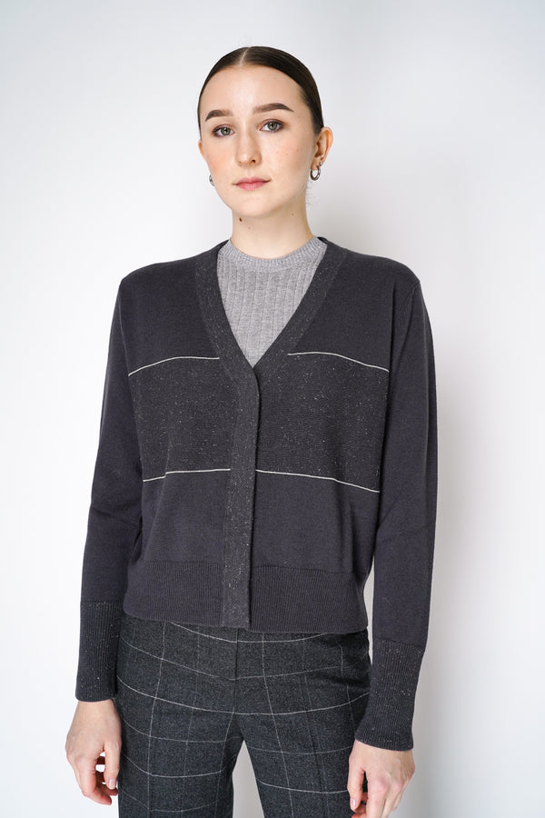 Peserico Cashmere Blend Knitted Cardigan with Lurex Stripes in Charcoal