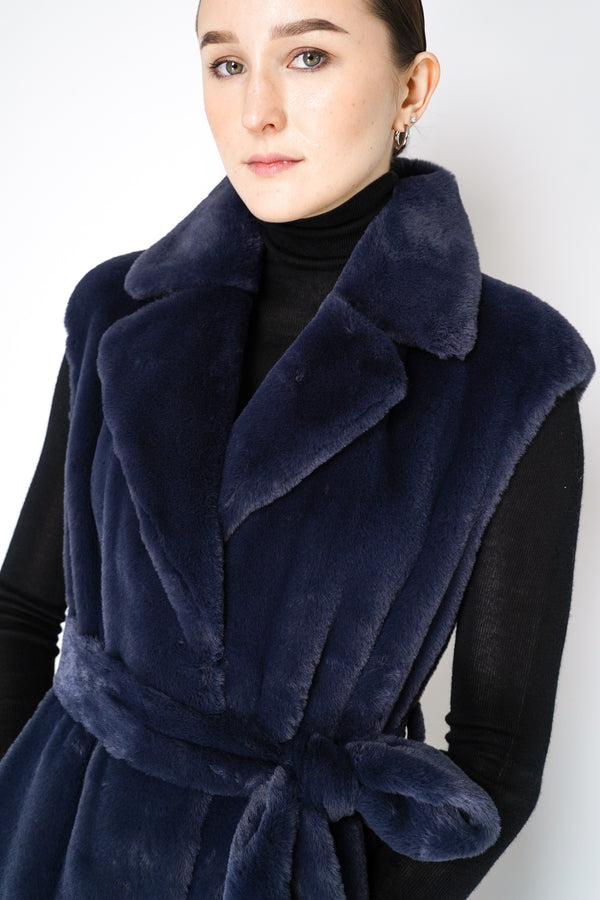 Herno Faux Fur Maxi Vest with Tie Belt in Navy