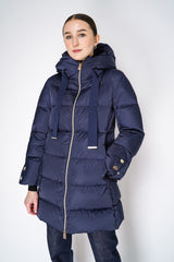 Herno A-line Satin Finish Hooded Jacket in Navy