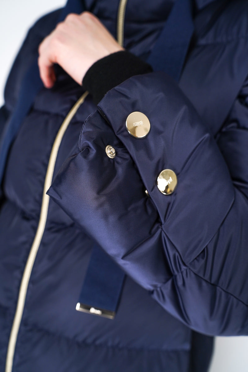 Herno A-line Satin Finish Hooded Jacket in Navy