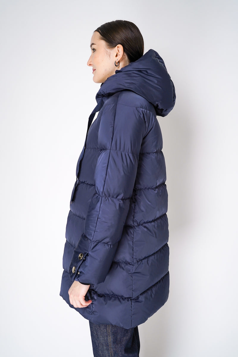 Herno A-line Satin Finish Hooded Jacket in Navy