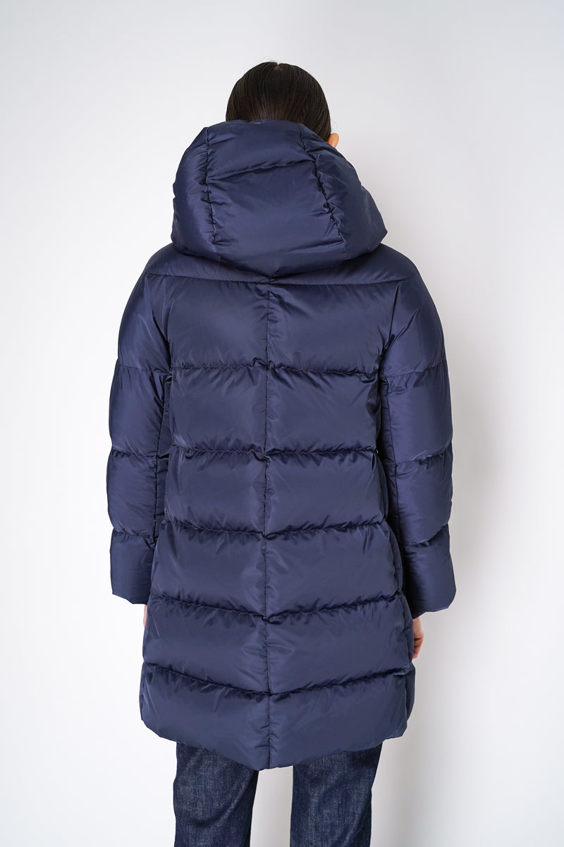 Herno A-line Satin Finish Hooded Jacket in Navy