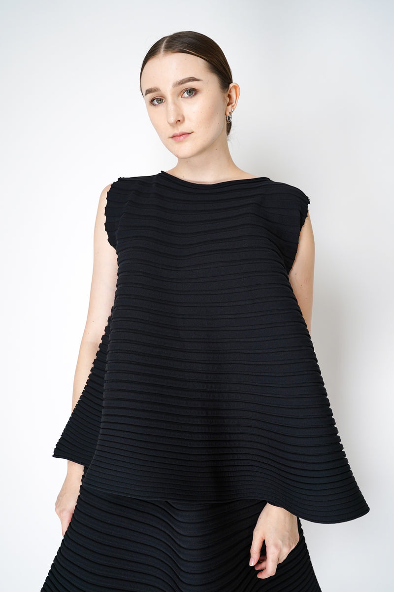 Pleats Please Issey Miyake Bounce Knit Flared Sleeveless Top in Black Vancouver. Shop Online or in Store. 