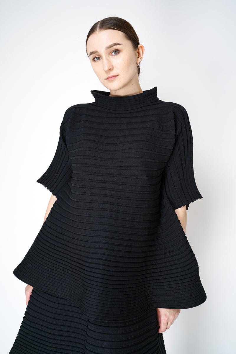 Pleats Please Issey Miyake Bounce Knit High Neck Flared Top in Black