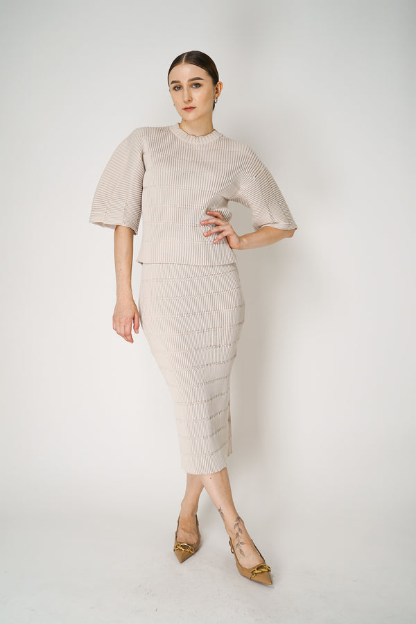 Pleats Please Issey Miyake Jiggly Knit Skirt in Beige