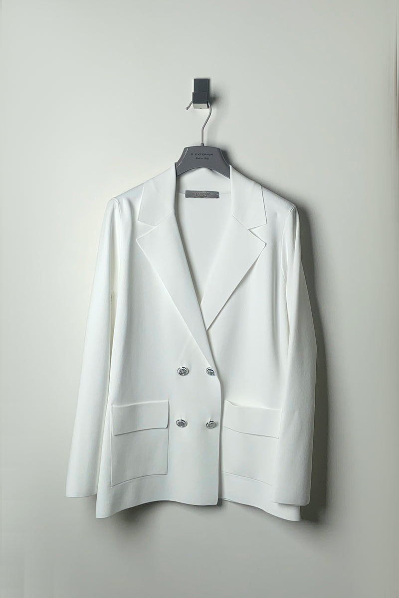 D. Exterior Double Breasted Knit Blazer in White