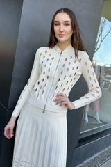 D. Exterior Pleated Knit Skirt with Cut Out Detail in Cream