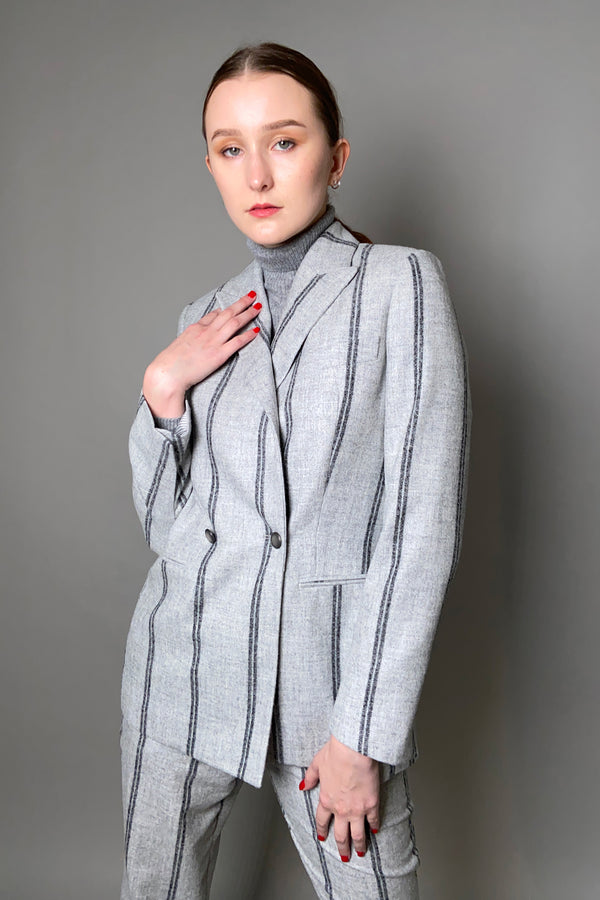 Lorena Antoniazzi Double-Breasted Wool Stripe Blazer in Grey Melange